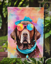 Load image into Gallery viewer, Chocolate Labrador Hippie Dawg Garden Flag – Retro Dog with Sunglasses &amp; Multicolored Background