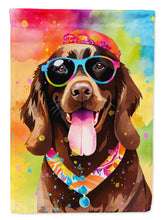 Load image into Gallery viewer, Chocolate Labrador Hippie Dawg Garden Flag – Retro Dog with Sunglasses &amp; Multicolored Background