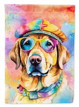 Load image into Gallery viewer, Yellow Labrador Hippie Dawg Garden Flag – Retro Dog with Sunglasses &amp; Multicolored Background