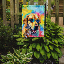 Load image into Gallery viewer, Yellow Labrador Hippie Dawg Garden Flag – Retro Dog with Sunglasses &amp; Multicolored Background