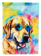 Load image into Gallery viewer, Yellow Labrador Hippie Dawg Garden Flag – Retro Dog with Sunglasses &amp; Multicolored Background