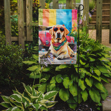 Load image into Gallery viewer, Yellow Labrador Hippie Dawg Garden Flag – Retro Dog with Sunglasses &amp; Multicolored Background