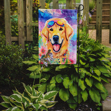 Load image into Gallery viewer, Yellow Labrador Hippie Dawg Garden Flag – Retro Dog with Sunglasses &amp; Multicolored Background