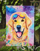 Load image into Gallery viewer, Yellow Labrador Hippie Dawg Garden Flag – Retro Dog with Sunglasses &amp; Multicolored Background