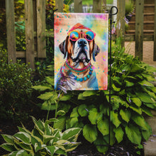 Load image into Gallery viewer, Mastiff Hippie Dawg Garden Flag – Retro Dog with Sunglasses &amp; Multicolored Background