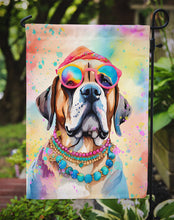 Load image into Gallery viewer, Mastiff Hippie Dawg Garden Flag – Retro Dog with Sunglasses &amp; Multicolored Background