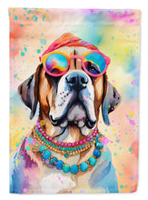 Load image into Gallery viewer, Mastiff Hippie Dawg Garden Flag – Retro Dog with Sunglasses &amp; Multicolored Background