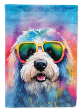 Load image into Gallery viewer, Old English Sheepdog Hippie Dawg Garden Flag – Retro Dog with Sunglasses &amp; Multicolored Background