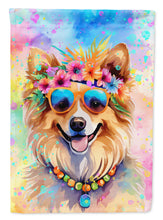 Load image into Gallery viewer, Pomeranian Hippie Dawg Garden Flag – Retro Dog with Sunglasses &amp; Multicolored Background