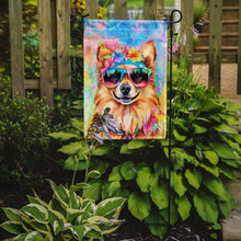 Load image into Gallery viewer, Pomeranian Hippie Dawg Garden Flag – Retro Dog with Sunglasses &amp; Multicolored Background