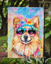 Load image into Gallery viewer, Pomeranian Hippie Dawg Garden Flag – Retro Dog with Sunglasses &amp; Multicolored Background