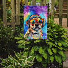 Load image into Gallery viewer, Pug Hippie Dawg Garden Flag – Retro Dog with Sunglasses &amp; Multicolored Background