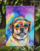 Load image into Gallery viewer, Pug Hippie Dawg Garden Flag – Retro Dog with Sunglasses &amp; Multicolored Background