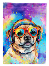 Load image into Gallery viewer, Pug Hippie Dawg Garden Flag – Retro Dog with Sunglasses &amp; Multicolored Background