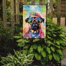 Load image into Gallery viewer, Pug Hippie Dawg Garden Flag – Retro Dog with Sunglasses &amp; Multicolored Background