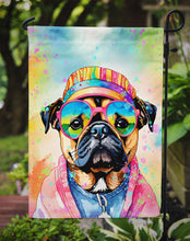 Load image into Gallery viewer, Pug Hippie Dawg Garden Flag – Retro Dog with Sunglasses &amp; Multicolored Background