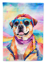 Load image into Gallery viewer, Pug Hippie Dawg Garden Flag – Retro Dog with Sunglasses &amp; Multicolored Background