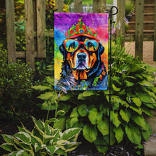 Load image into Gallery viewer, Rottweiler Hippie Dawg Garden Flag – Retro Dog with Sunglasses &amp; Multicolored Background