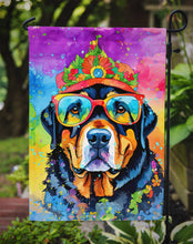 Load image into Gallery viewer, Rottweiler Hippie Dawg Garden Flag – Retro Dog with Sunglasses &amp; Multicolored Background