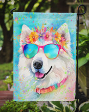 Load image into Gallery viewer, Samoyed Hippie Dawg Garden Flag – Retro Dog with Sunglasses &amp; Multicolored Background