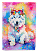 Load image into Gallery viewer, Samoyed Hippie Dawg Garden Flag – Retro Dog with Sunglasses &amp; Multicolored Background