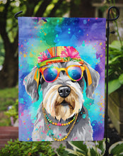 Load image into Gallery viewer, Schnauzer Hippie Dawg Garden Flag – Retro Dog with Sunglasses &amp; Multicolored Background