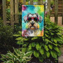 Load image into Gallery viewer, Schnauzer Hippie Dawg Garden Flag – Retro Dog with Sunglasses &amp; Multicolored Background