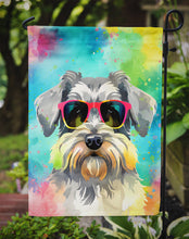 Load image into Gallery viewer, Schnauzer Hippie Dawg Garden Flag – Retro Dog with Sunglasses &amp; Multicolored Background
