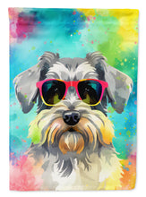 Load image into Gallery viewer, Schnauzer Hippie Dawg Garden Flag – Retro Dog with Sunglasses &amp; Multicolored Background