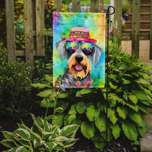 Load image into Gallery viewer, Schnauzer Hippie Dawg Garden Flag – Retro Dog with Sunglasses &amp; Multicolored Background
