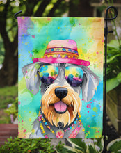 Load image into Gallery viewer, Schnauzer Hippie Dawg Garden Flag – Retro Dog with Sunglasses &amp; Multicolored Background