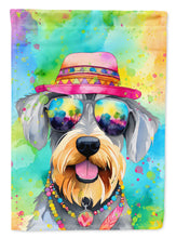 Load image into Gallery viewer, Schnauzer Hippie Dawg Garden Flag – Retro Dog with Sunglasses &amp; Multicolored Background