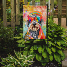 Load image into Gallery viewer, Schnauzer Hippie Dawg Garden Flag – Retro Dog with Sunglasses &amp; Multicolored Background