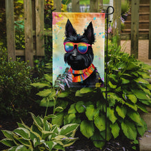 Load image into Gallery viewer, Scottish Terrier Hippie Dawg Garden Flag – Retro Dog with Sunglasses &amp; Multicolored Background
