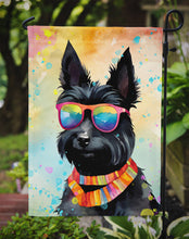 Load image into Gallery viewer, Scottish Terrier Hippie Dawg Garden Flag – Retro Dog with Sunglasses &amp; Multicolored Background