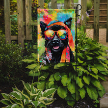 Load image into Gallery viewer, Scottish Terrier Hippie Dawg Garden Flag – Retro Dog with Sunglasses &amp; Multicolored Background