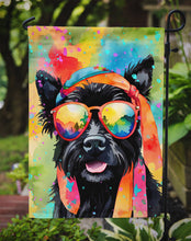 Load image into Gallery viewer, Scottish Terrier Hippie Dawg Garden Flag – Retro Dog with Sunglasses &amp; Multicolored Background