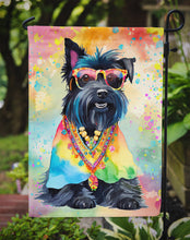 Load image into Gallery viewer, Scottish Terrier Hippie Dawg Garden Flag – Retro Dog with Sunglasses &amp; Multicolored Background