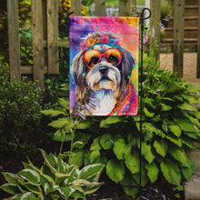 Load image into Gallery viewer, Shih Tzu Hippie Dawg Garden Flag – Retro Dog with Sunglasses &amp; Multicolored Background