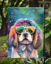 Load image into Gallery viewer, Shih Tzu Hippie Dawg Garden Flag – Retro Dog with Sunglasses &amp; Multicolored Background
