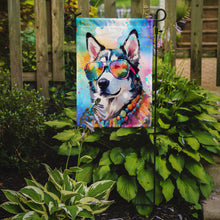 Load image into Gallery viewer, Siberian Husky Hippie Dawg Garden Flag – Retro Dog with Sunglasses &amp; Multicolored Background