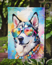 Load image into Gallery viewer, Siberian Husky Hippie Dawg Garden Flag – Retro Dog with Sunglasses &amp; Multicolored Background