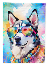 Load image into Gallery viewer, Siberian Husky Hippie Dawg Garden Flag – Retro Dog with Sunglasses &amp; Multicolored Background