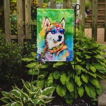 Load image into Gallery viewer, Siberian Husky Hippie Dawg Garden Flag – Retro Dog with Sunglasses &amp; Multicolored Background