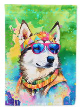 Load image into Gallery viewer, Siberian Husky Hippie Dawg Garden Flag – Retro Dog with Sunglasses &amp; Multicolored Background