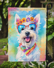 Load image into Gallery viewer, Westie Hippie Dawg Garden Flag – Retro Dog with Sunglasses &amp; Multicolored Background