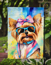 Load image into Gallery viewer, Yorkshire Terrier Hippie Dawg Garden Flag – Retro Dog with Sunglasses &amp; Multicolored Background