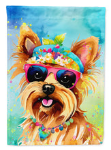 Load image into Gallery viewer, Yorkshire Terrier Hippie Dawg Garden Flag – Retro Dog with Sunglasses &amp; Multicolored Background