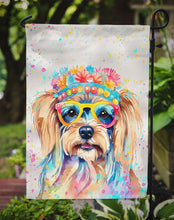 Load image into Gallery viewer, Yorkshire Terrier Hippie Dawg Garden Flag – Retro Dog with Sunglasses &amp; Multicolored Background