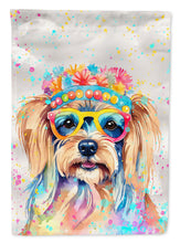 Load image into Gallery viewer, Yorkshire Terrier Hippie Dawg Garden Flag – Retro Dog with Sunglasses &amp; Multicolored Background